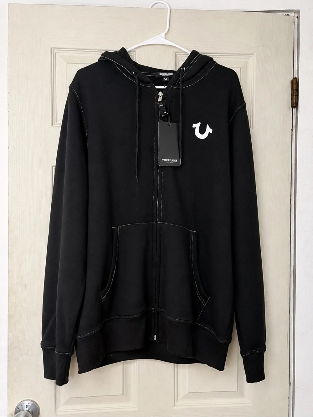 True Religion Men's Large Black Zip-Up Hoodie with White Horseshoe Logo